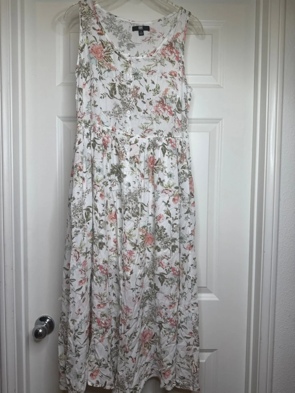 Frye sleeveless floral white button down flowy midi dress sz Sm - Picture 2 of 7
